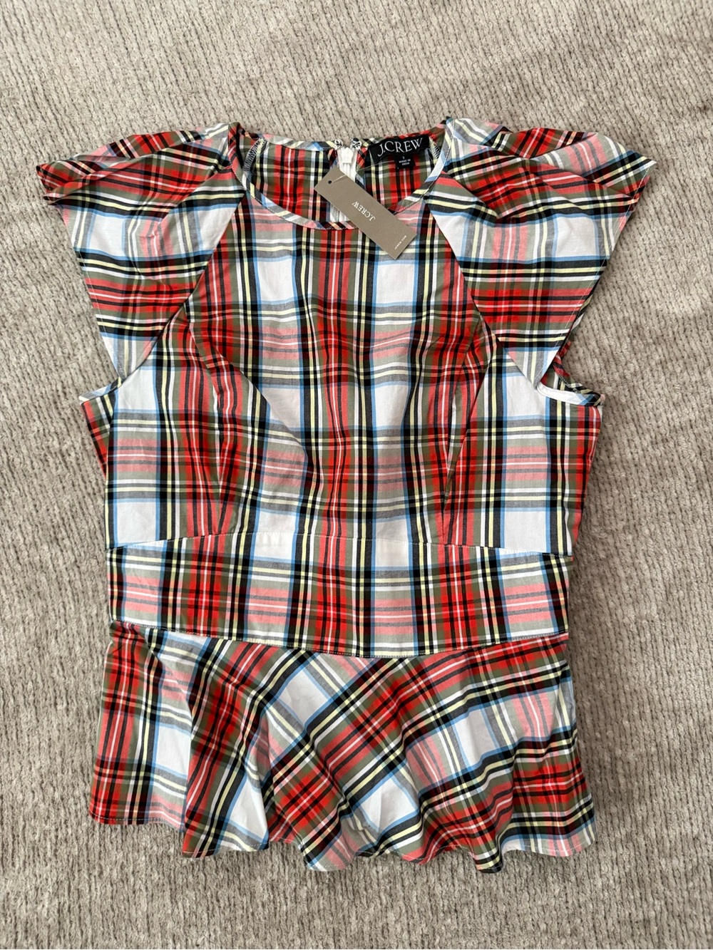 J.Crew NWT Plaid Ruffle Sleeve Peplum Top Size 2 Red Multi